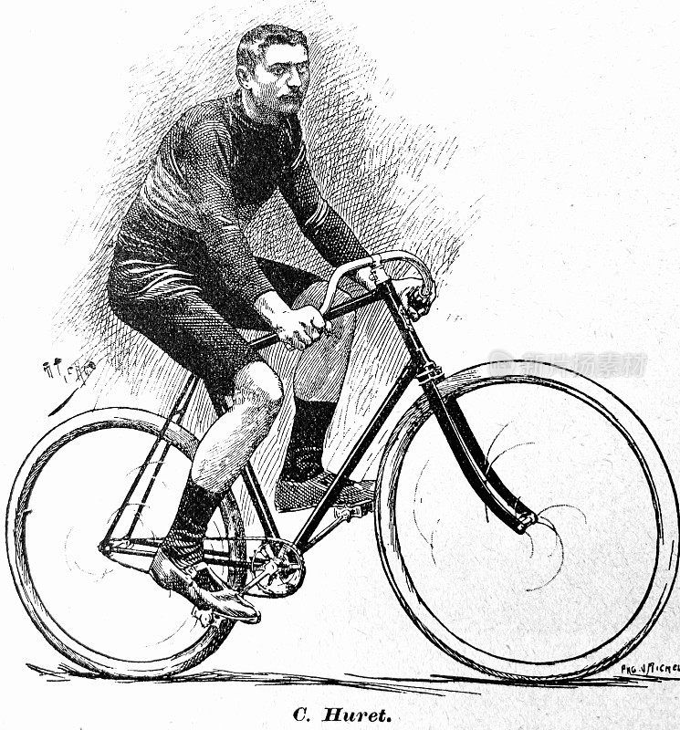 骑自行车的C. Huret，骑着他的自行车，侧面在白色的背景